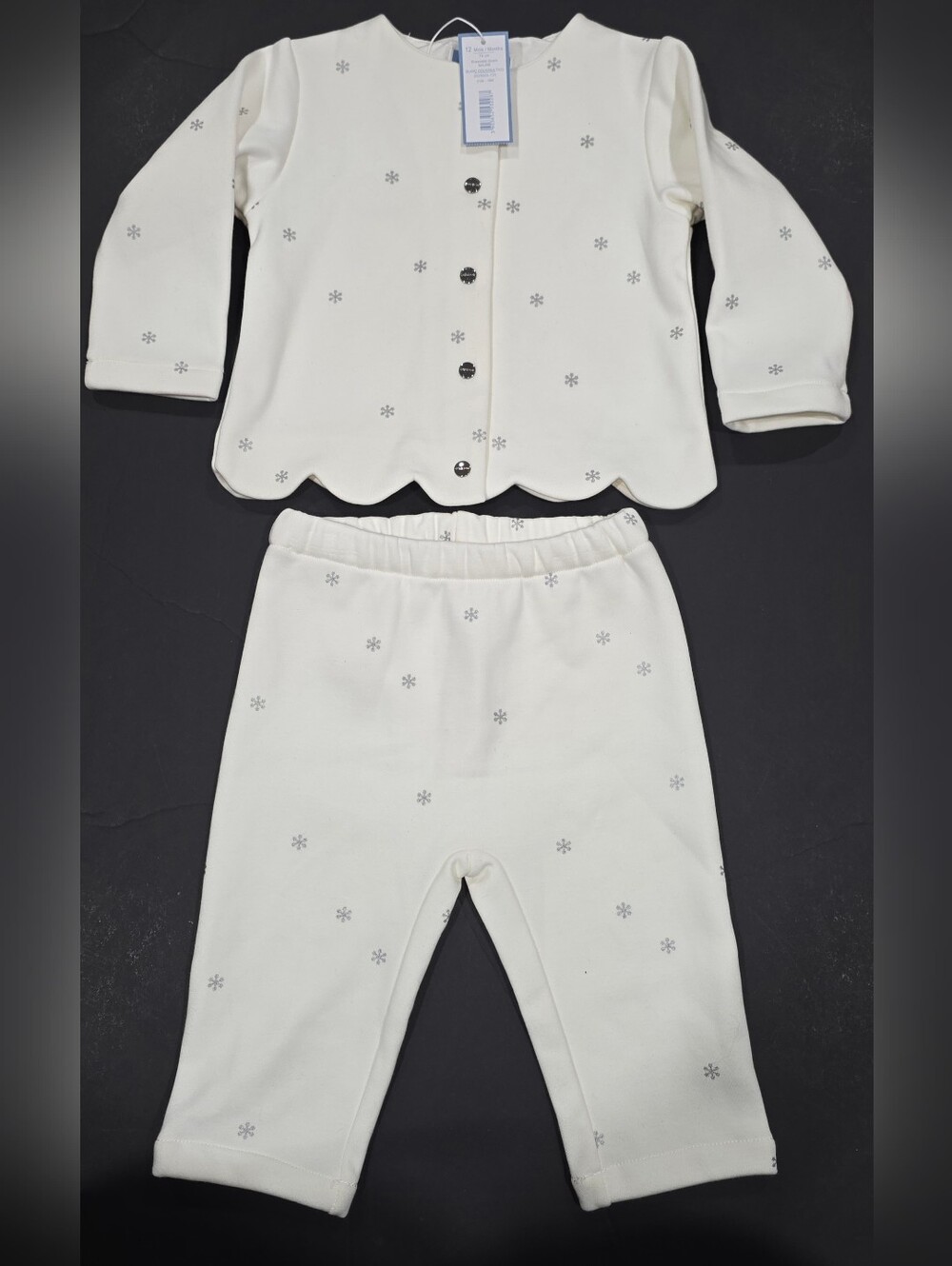 Jacadi Cream Pajama Set with Silver Snowflake Accents